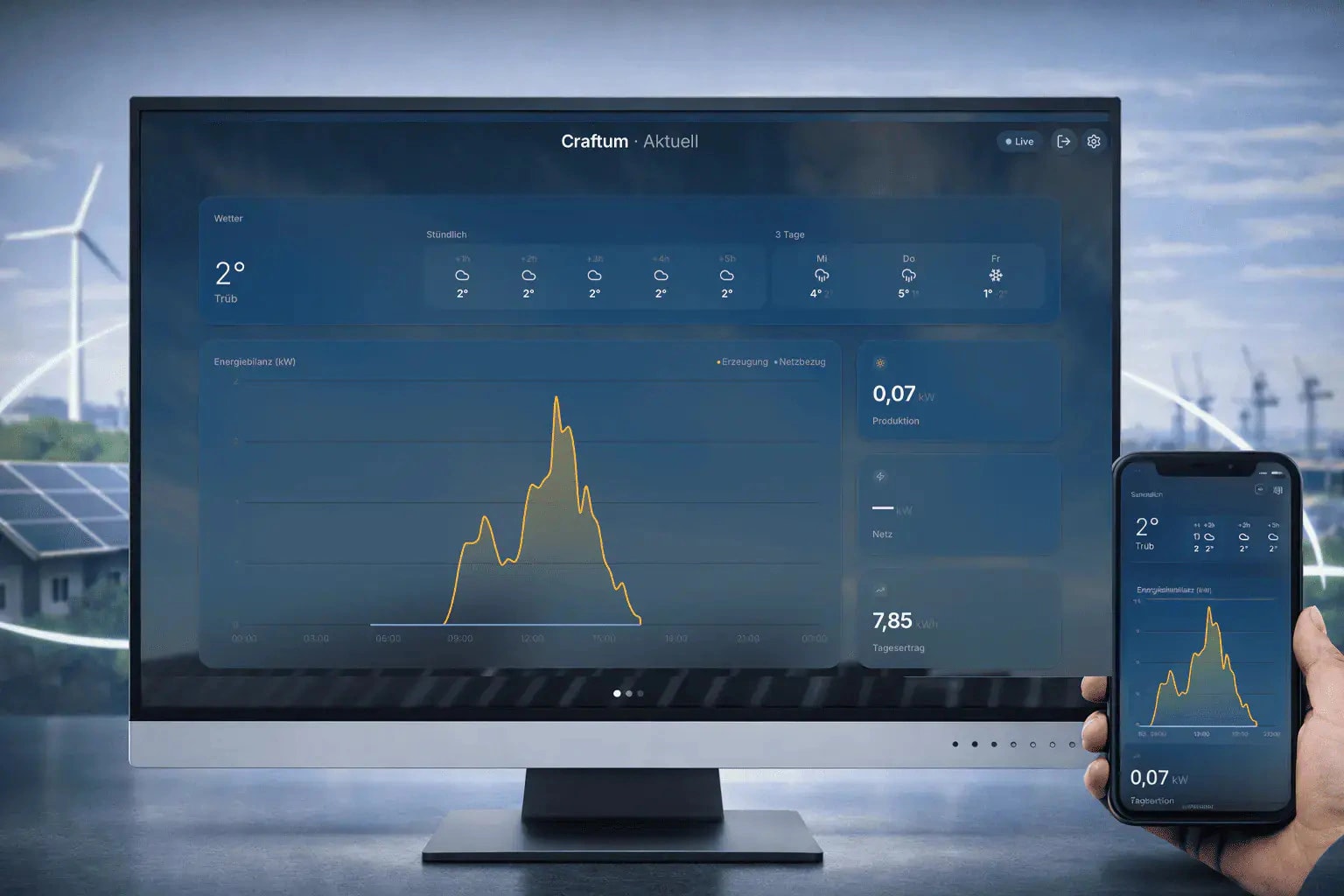 Craftum Pulse Dashboard mit Live-Erzeugung auf Monitor und Smartphone