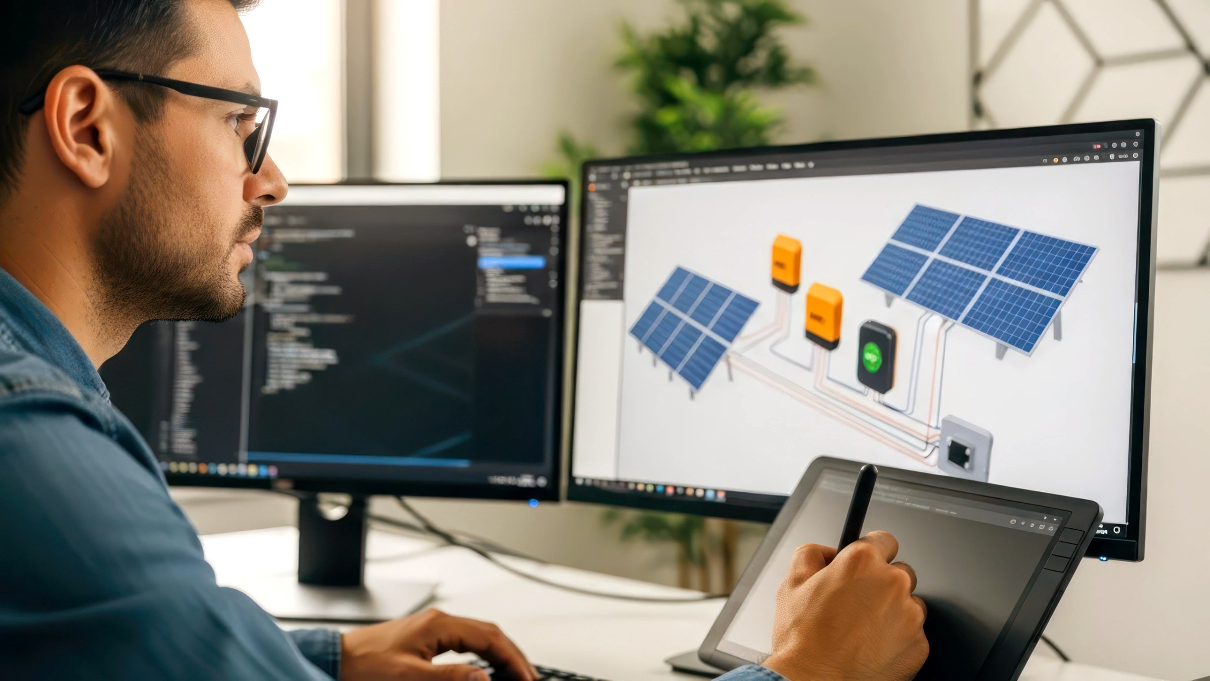 Planer entwirft Photovoltaikanlage mit Speicher am Bildschirm und Tablet