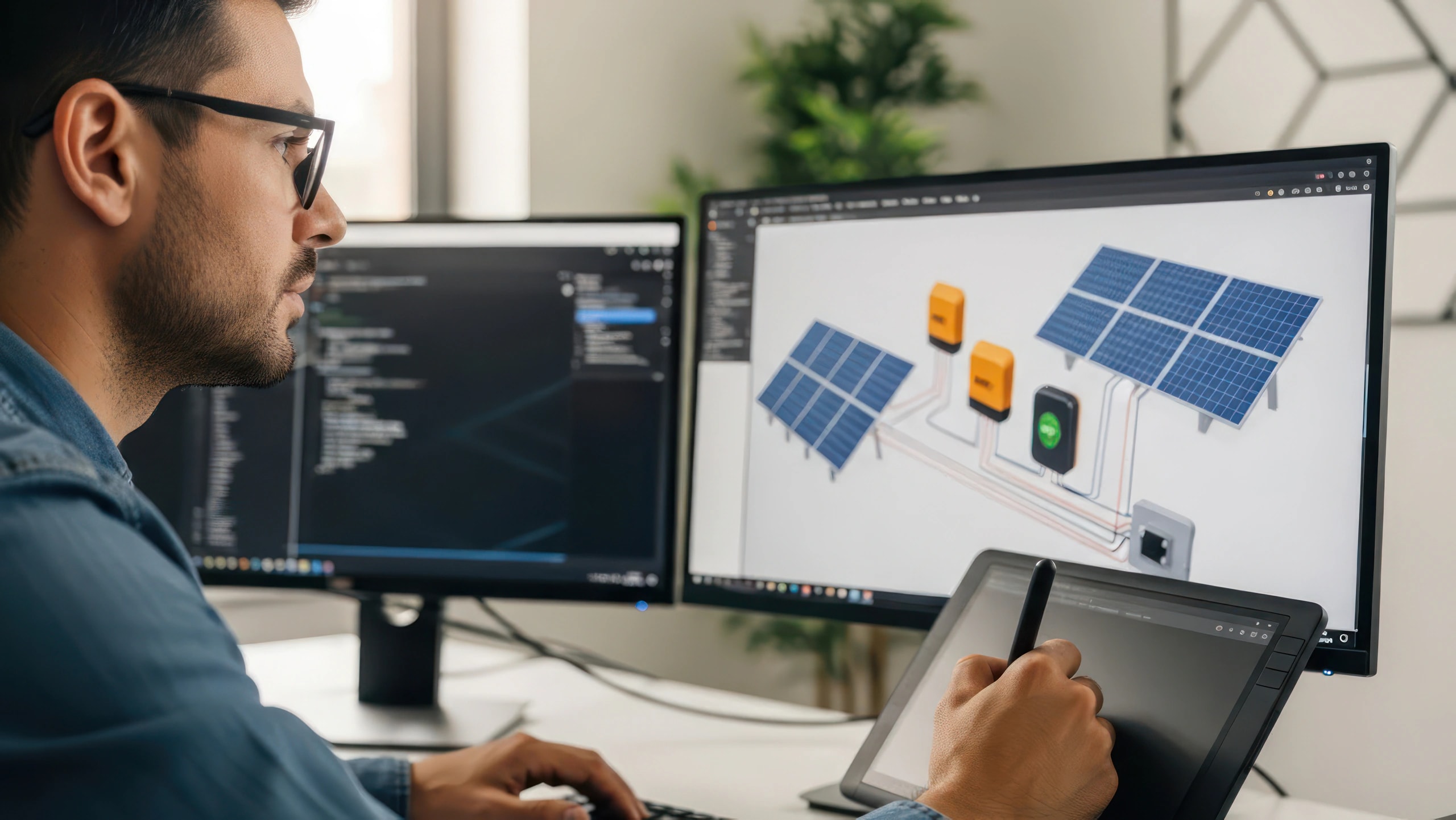 Planer entwirft Photovoltaikanlage mit Speicher am Bildschirm und Tablet