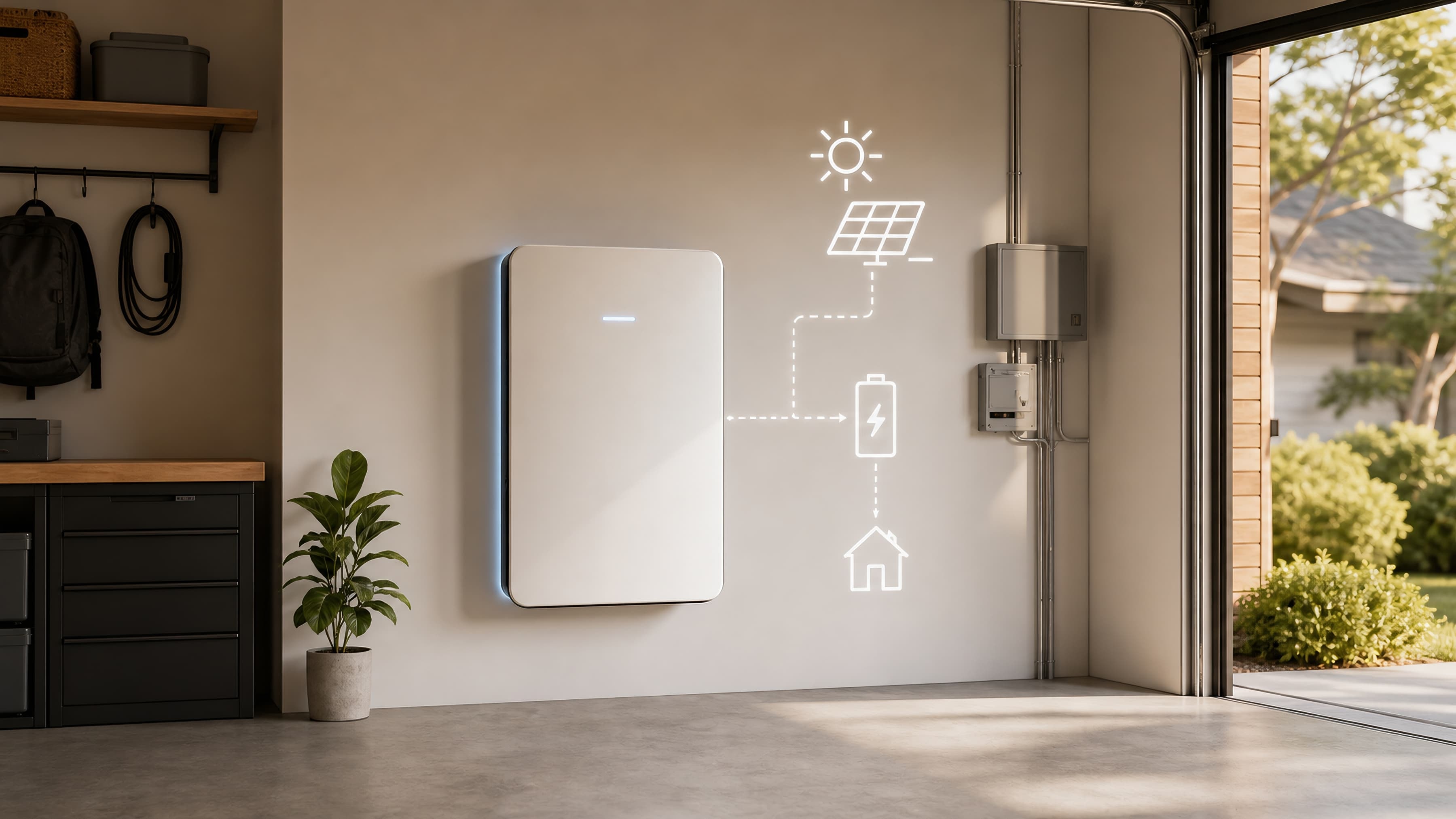 Wandmontierter Stromspeicher in Garage mit Solar- und Ladeinfrastruktur für den Eigenverbrauch