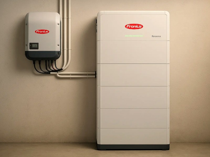 Wechselrichter und Batteriespeicher an der Wand im Hauswirtschaftsraum