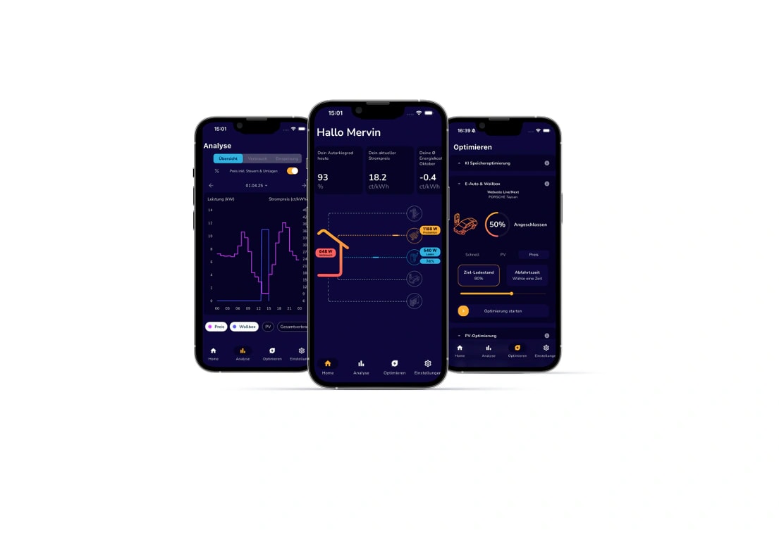 Energiemanagement-App fuer Photovoltaik, Stromspeicher und Wallbox mit Autarkiegrad und Ladesteuerung