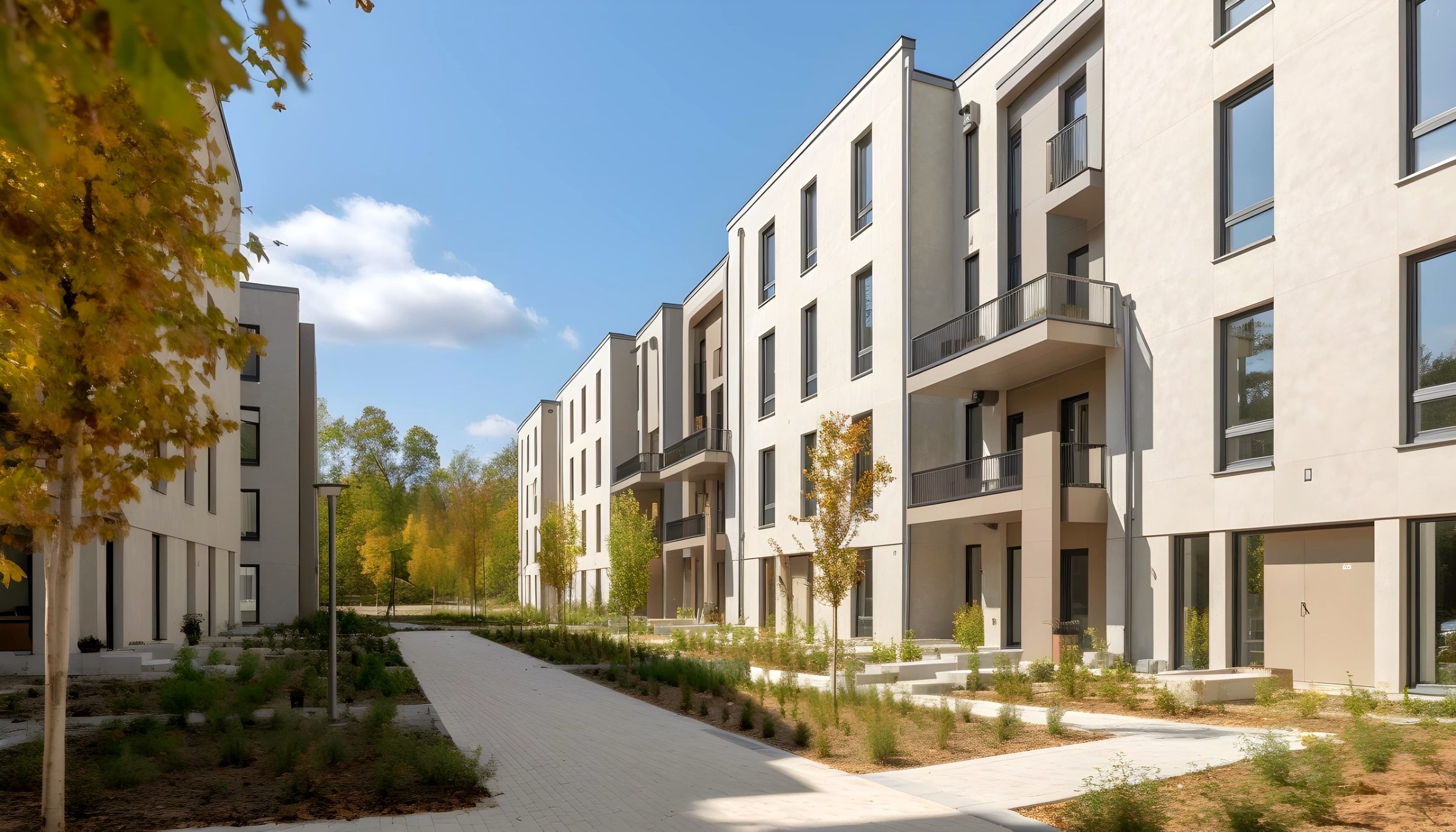 Neubau-Wohnanlage mit Mehrfamilienhäusern, Ladeinfrastruktur für Eigentümergemeinschaften