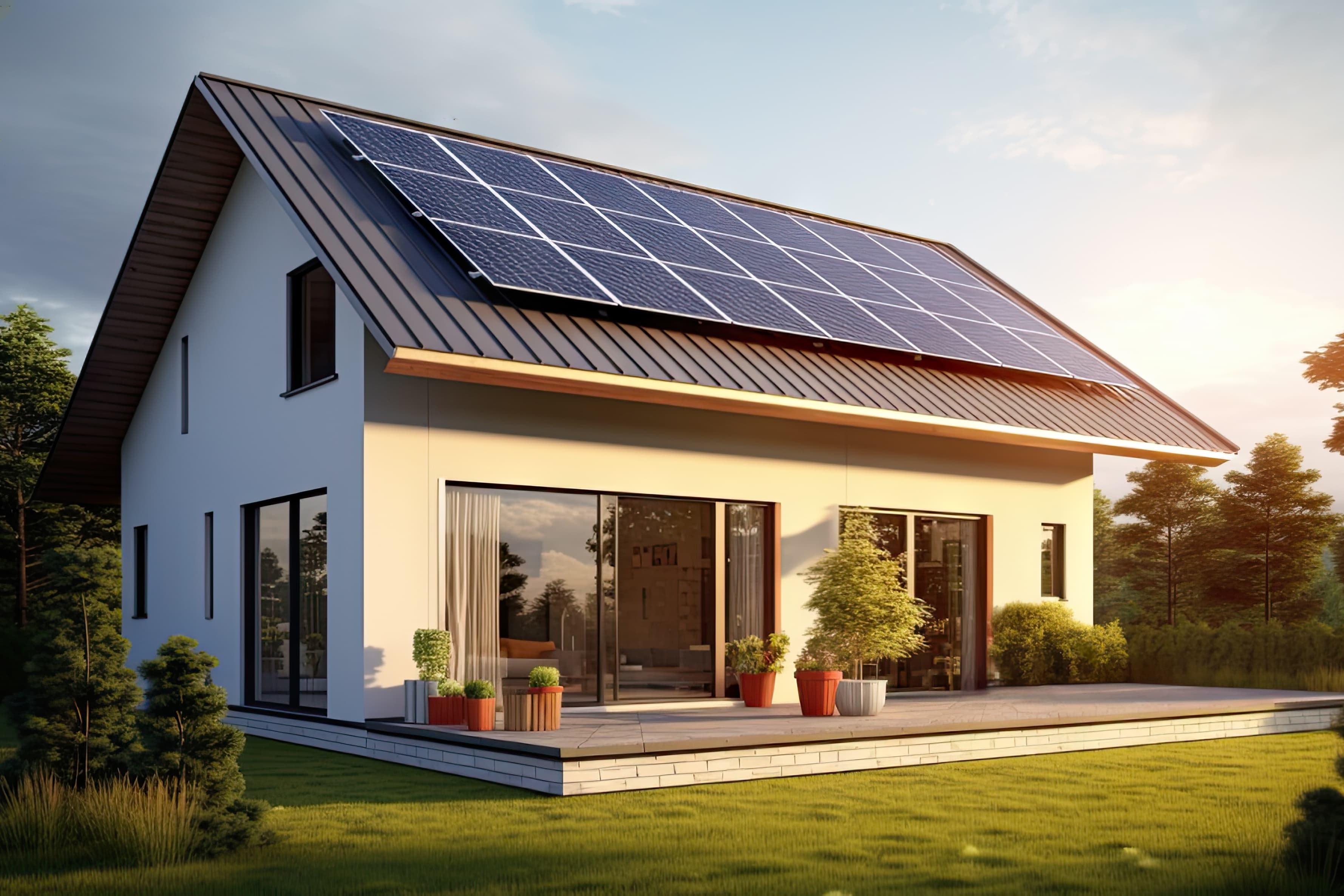 Modernes Einfamilienhaus mit Solaranlage auf dem Dach