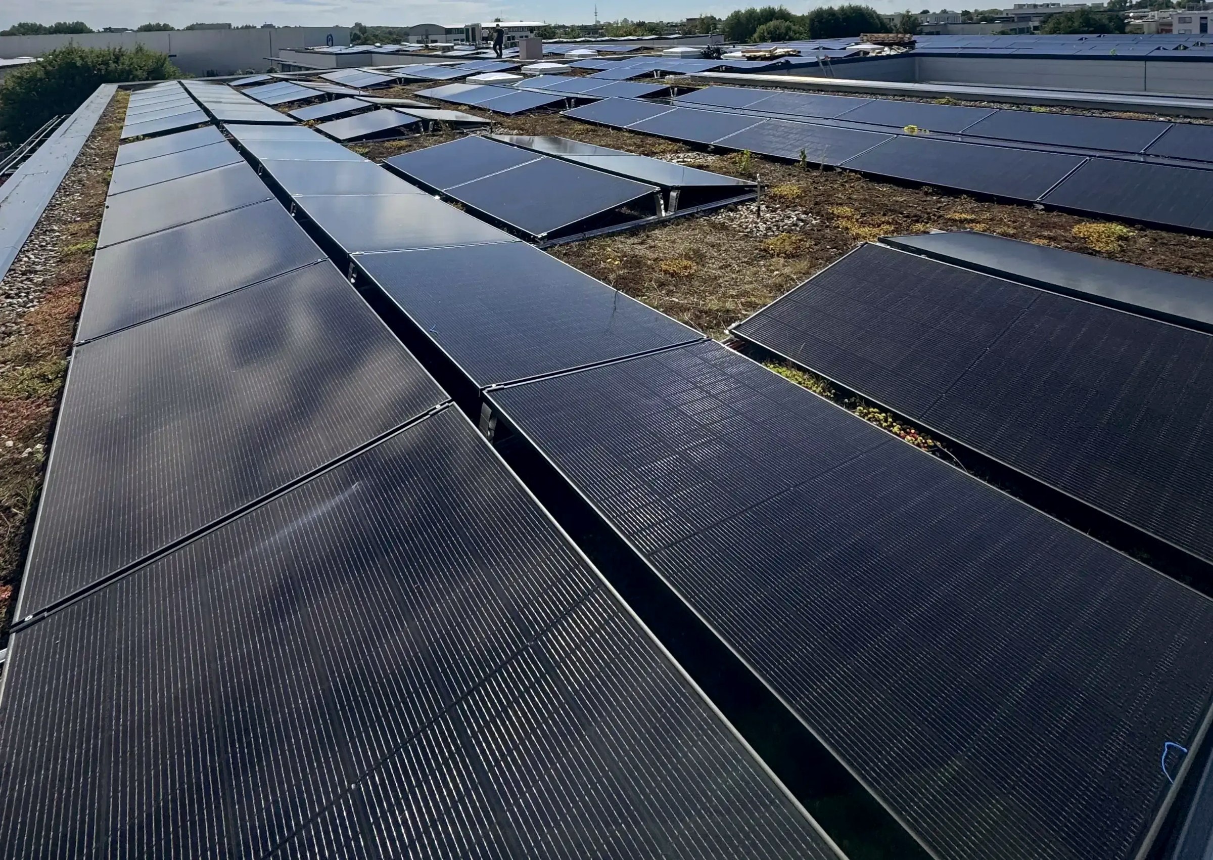 Große Photovoltaikanlage auf Gewerbe-Flachdach mit schwarzen Solarmodulen zur solaren Stromerzeugung.