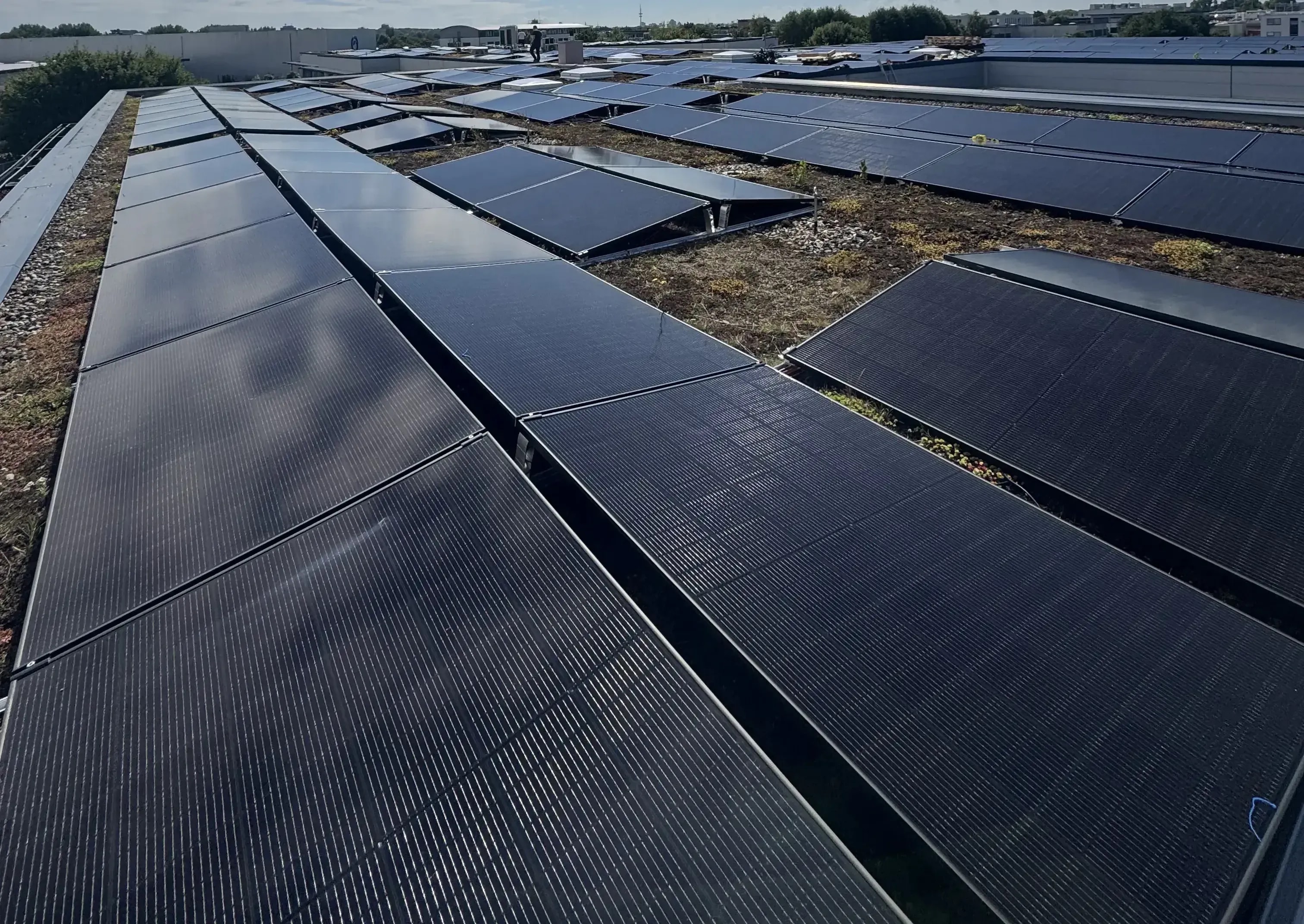 Große Photovoltaikanlage auf Gewerbe-Flachdach mit schwarzen Solarmodulen zur solaren Stromerzeugung.
