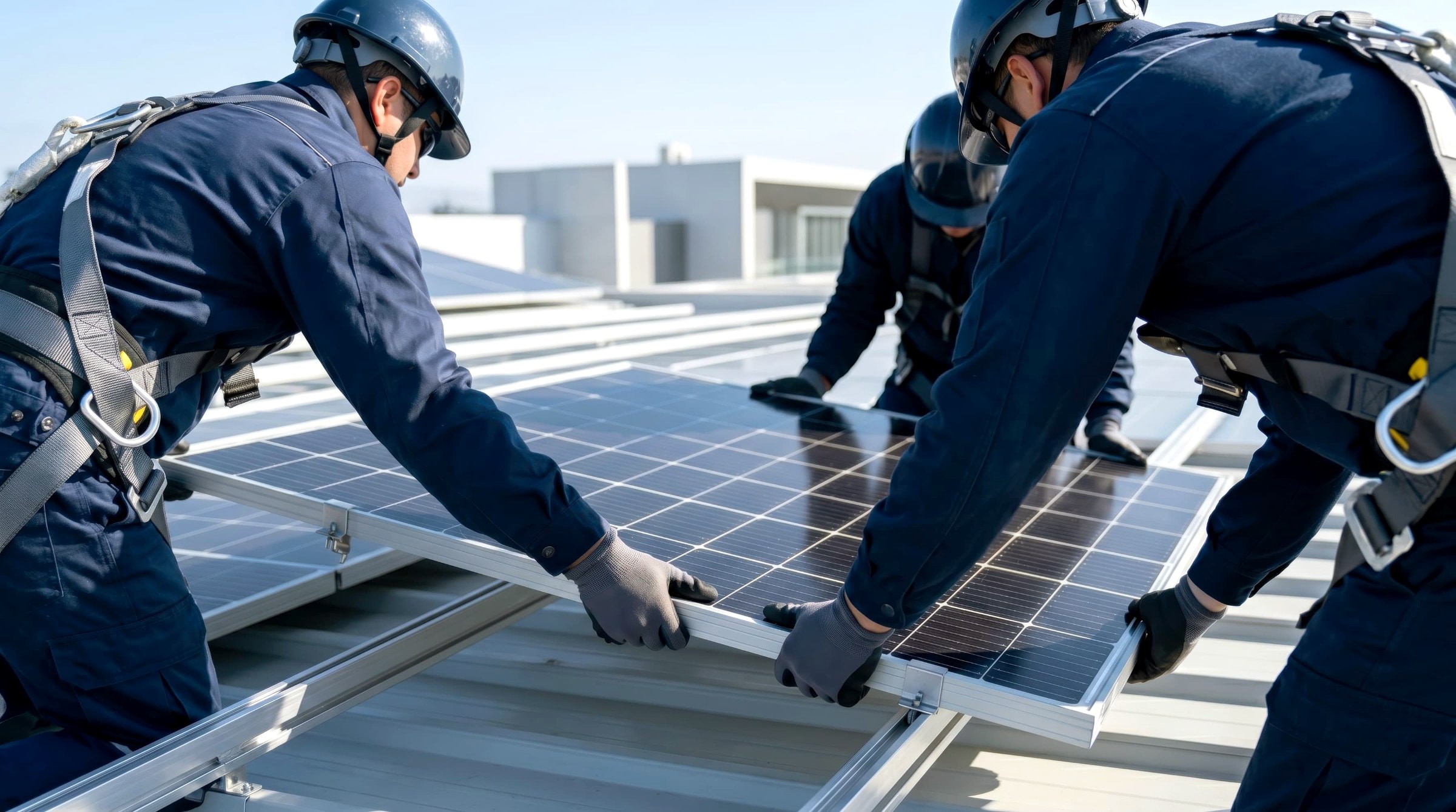 Monteure installieren Solarmodule auf einem Flachdach für eine neue Photovoltaikanlage