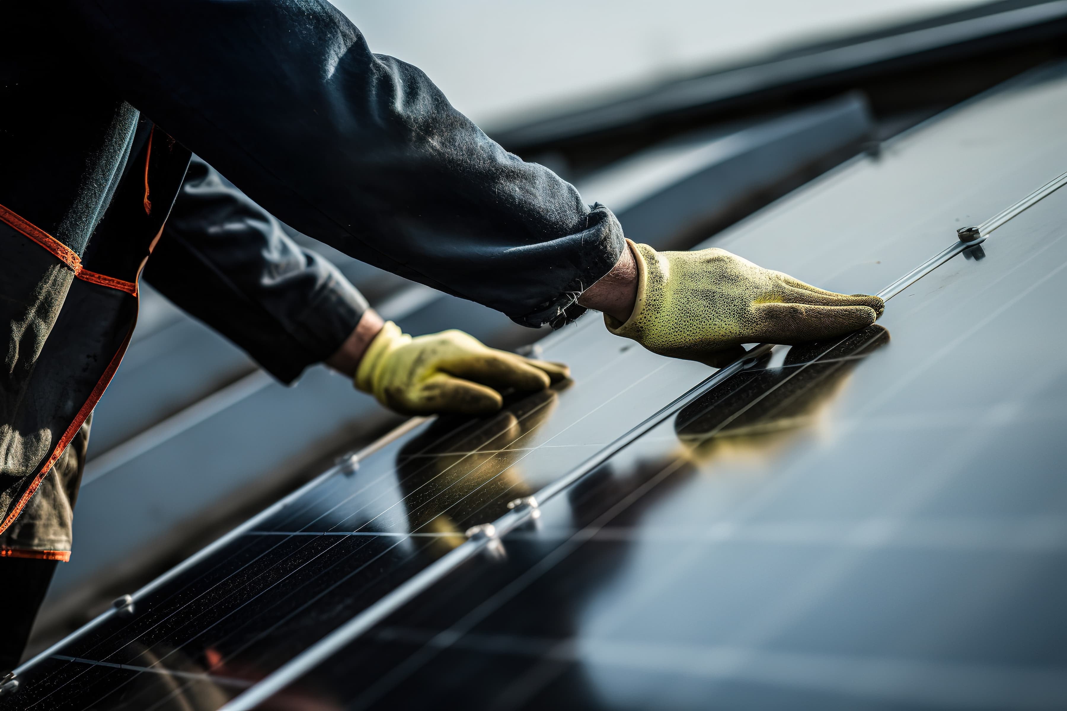 Monteur installiert Solarmodule einer Photovoltaikanlage auf einem Dach