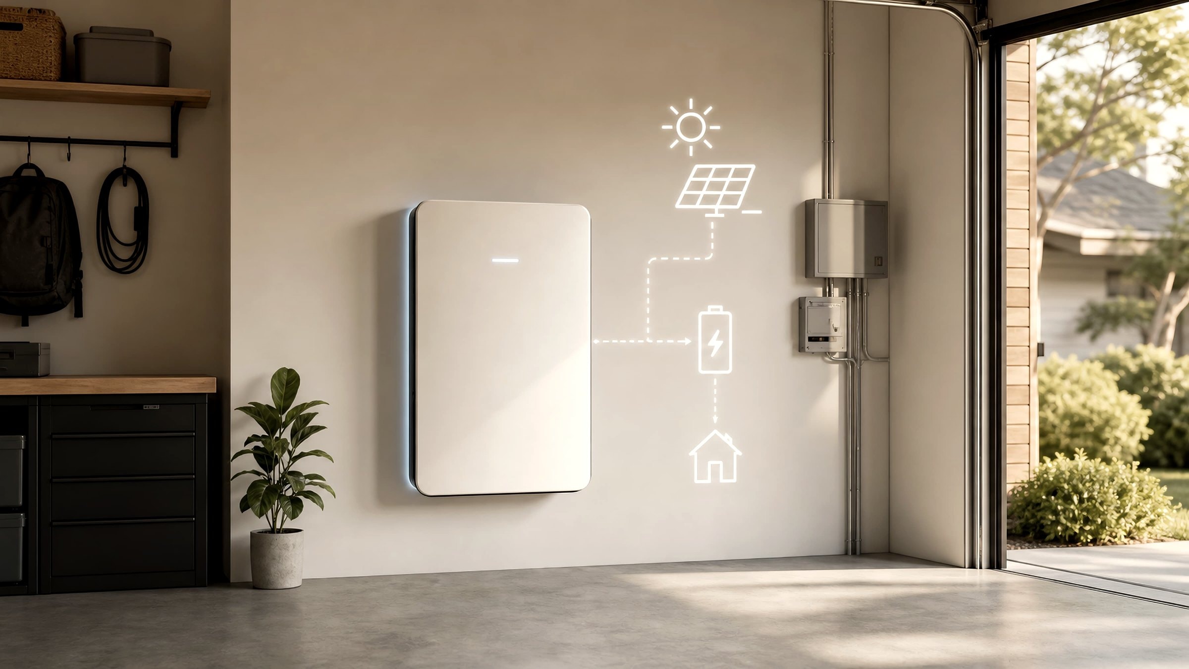 Wandmontierter Stromspeicher in Garage mit Solar- und Ladeinfrastruktur für den Eigenverbrauch
