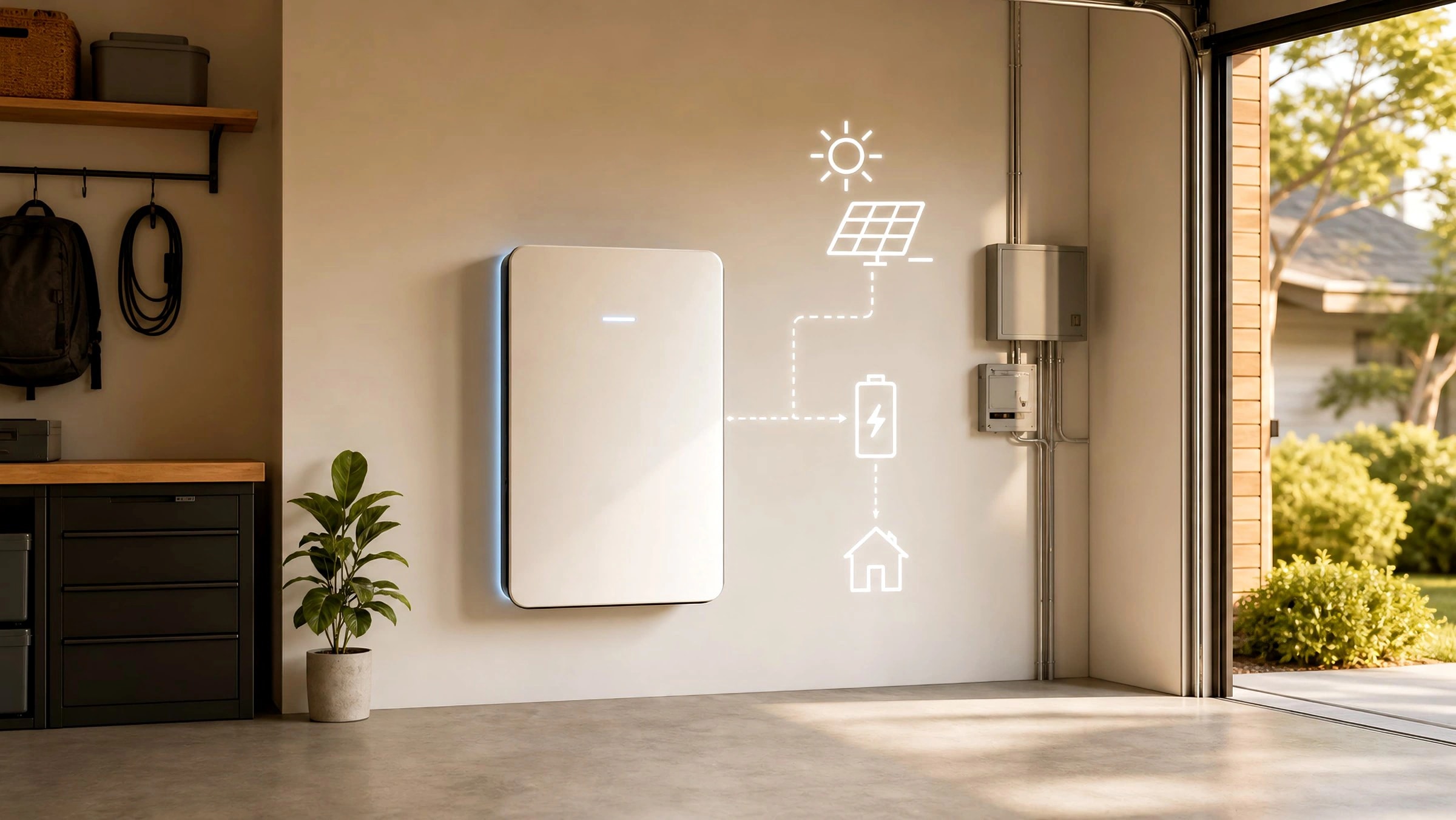 Wandmontierter Stromspeicher in Garage mit Solar- und Ladeinfrastruktur für den Eigenverbrauch