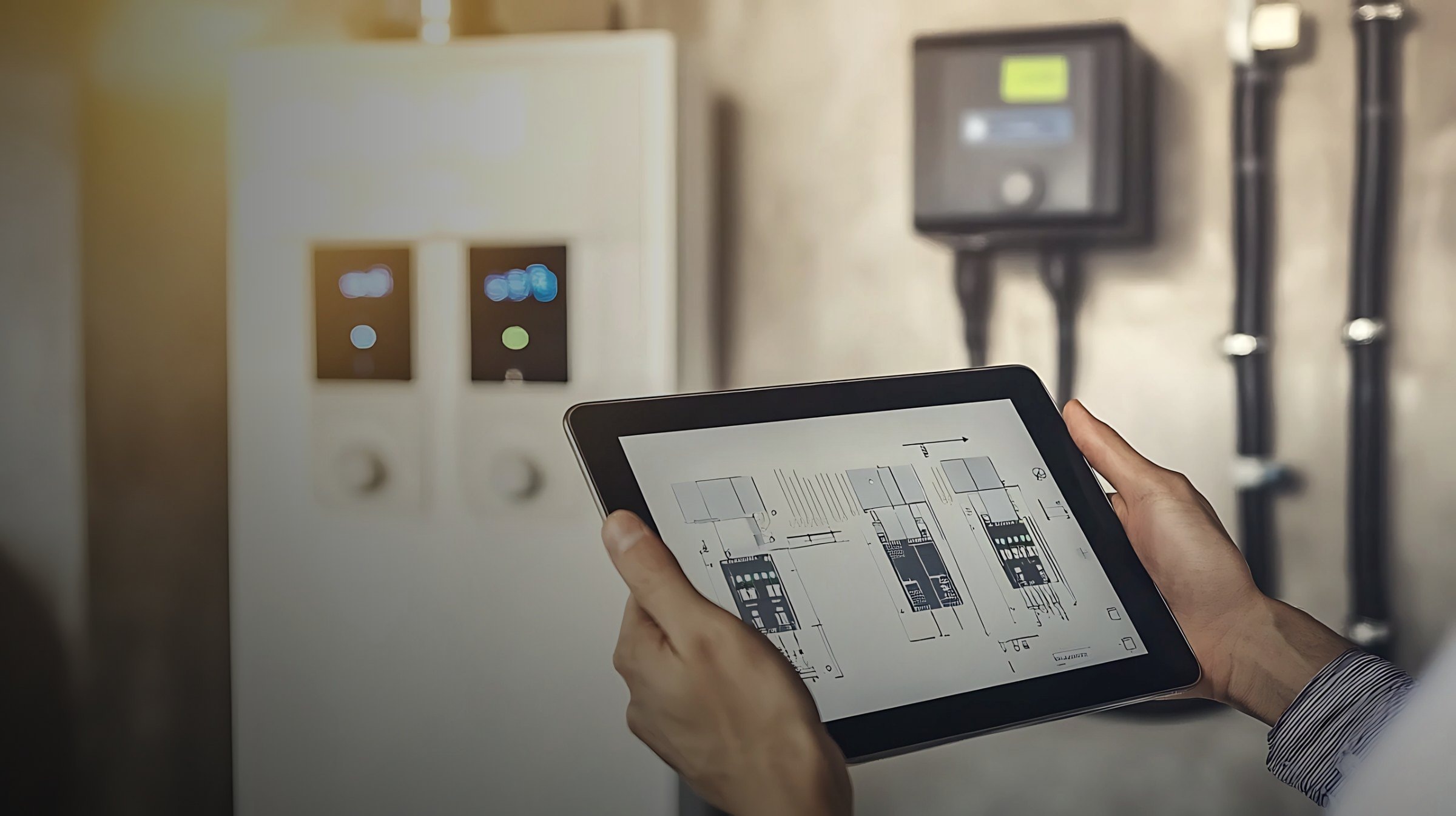Techniker plant Photovoltaikanlage mit Speicher am Tablet im Heizungsraum