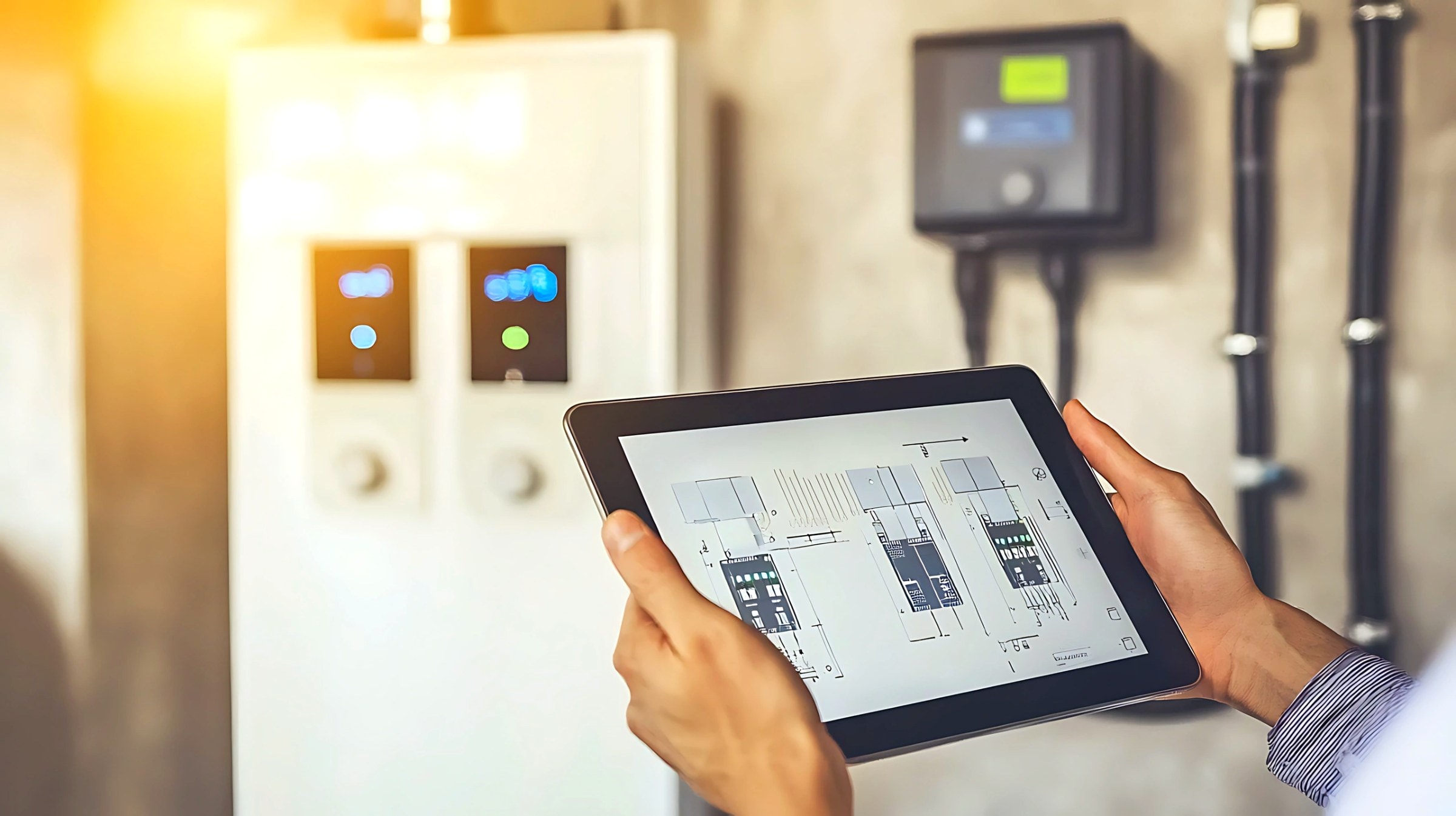 Techniker plant Photovoltaikanlage mit Speicher am Tablet im Heizungsraum