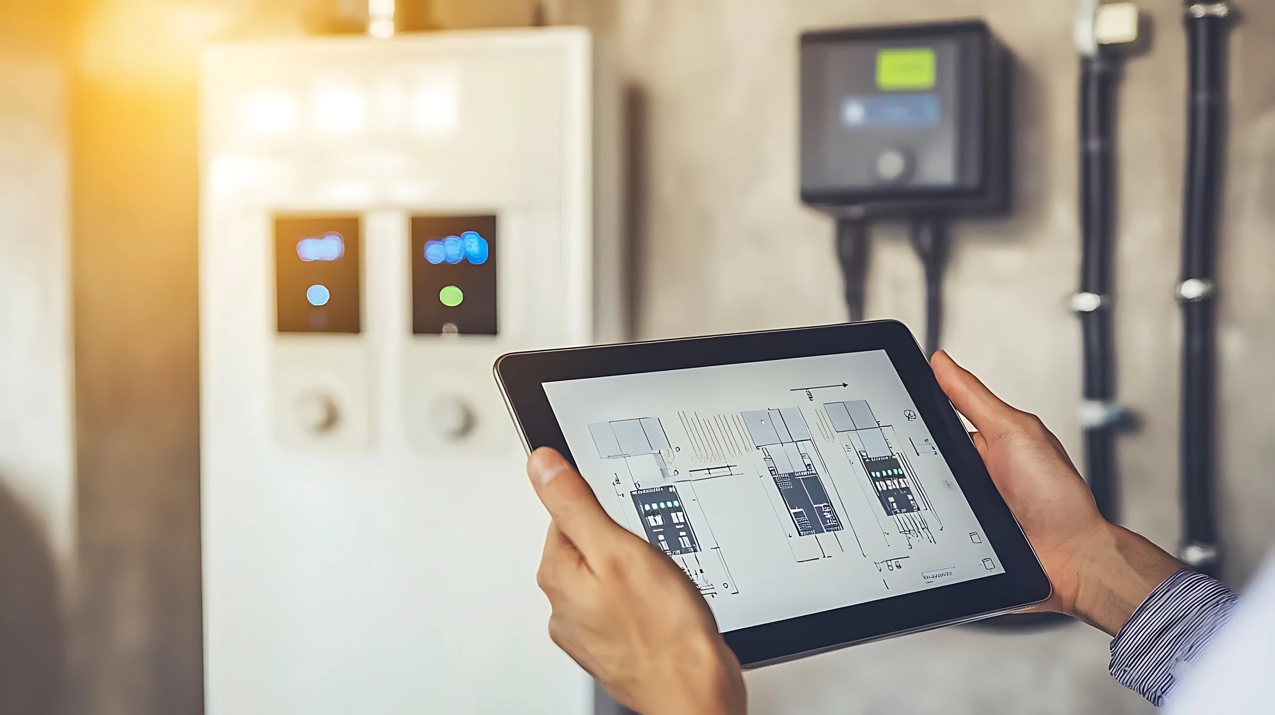 Techniker plant Photovoltaikanlage mit Speicher am Tablet im Heizungsraum